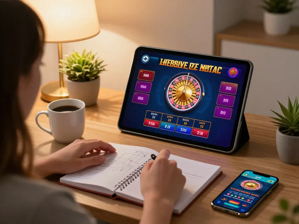 DAGA trang chu: Engaging in a live dealer game at home using a tablet, showcasing dynamic online gambling.