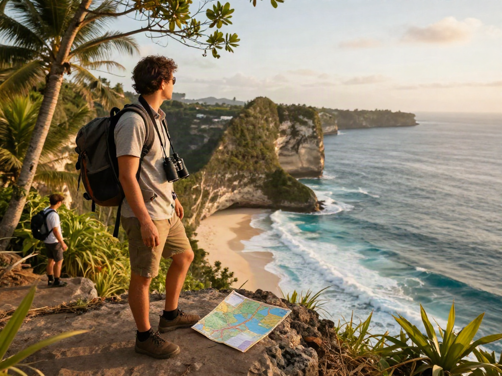 Pemandangan pantai indah dari tebing dengan pelancong yang menjelajahi lokasi pecah25.