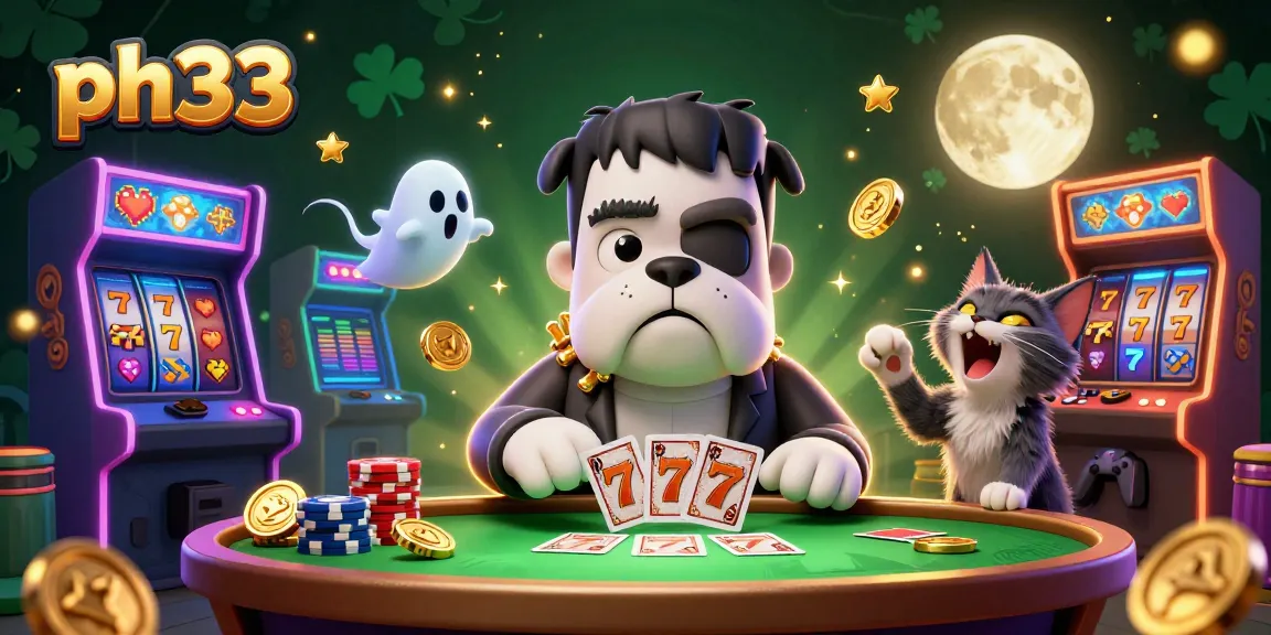 Join the ph33 entertainment with lively 3D characters at a spooky casino table, vibrant slots, and gaming elements.