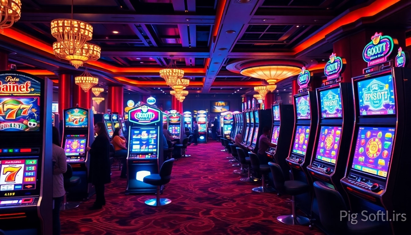 Experience the thrill of Pg Soft Slots in a vibrant casino setting with flashy machines and excited players.