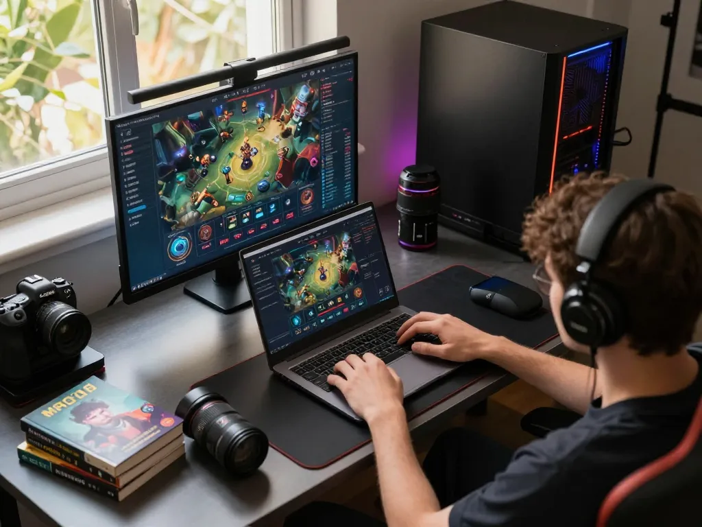 MPO08 player engaging with strategic betting on a laptop in an inviting home gaming setup.