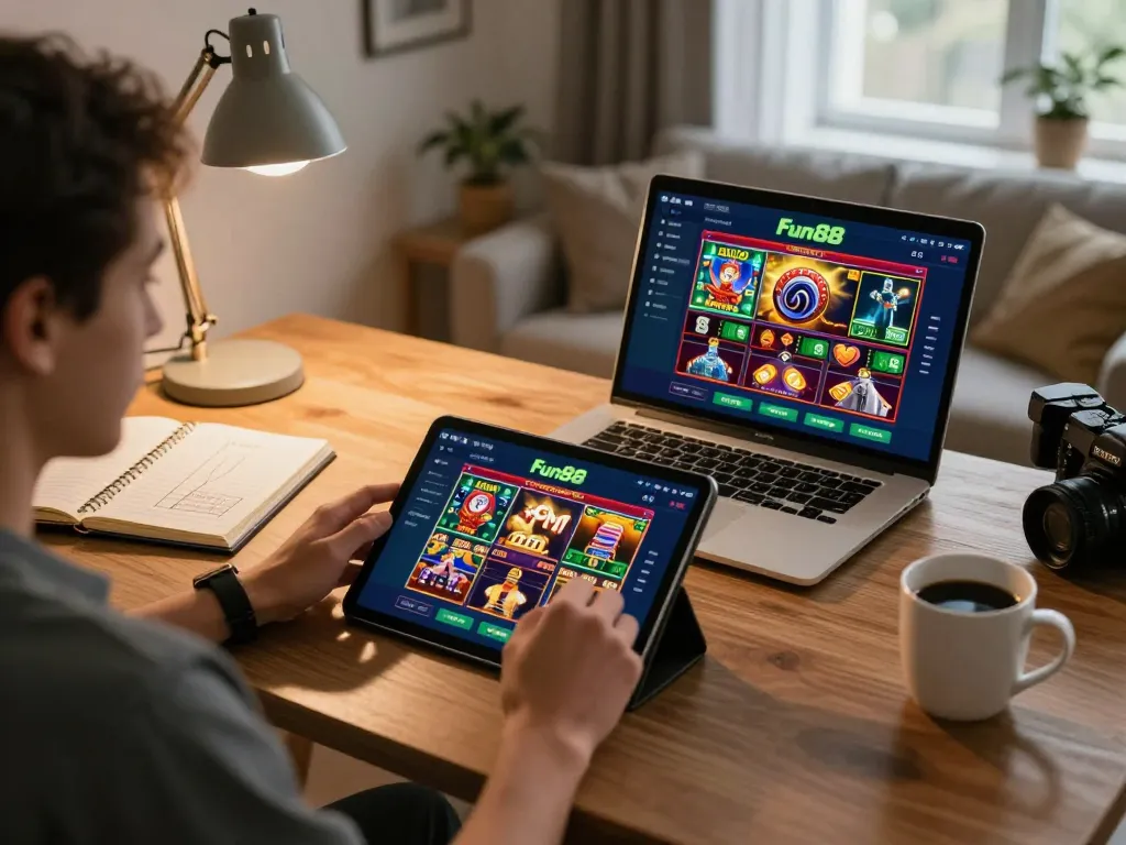 Engaging scene of a person using the Fun88 app for mobile casino gaming at home, demonstrating strategic gameplay.