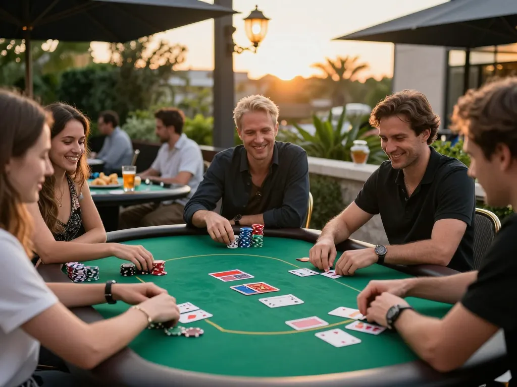 Pemain M88 Mansion Indo yang terlibat dalam permainan poker yang semarak di teras kasino mewah.