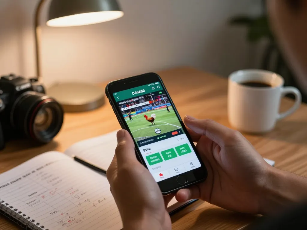 The live betting experience at https://daga88.free/ with a smartphone displaying rooster fight odds, creating a modern gambling atmosphere.