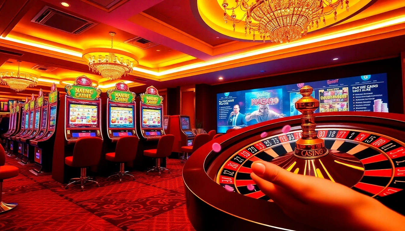 Naga99 players enjoying thrilling slot machines and roulette in an upscale casino environment.