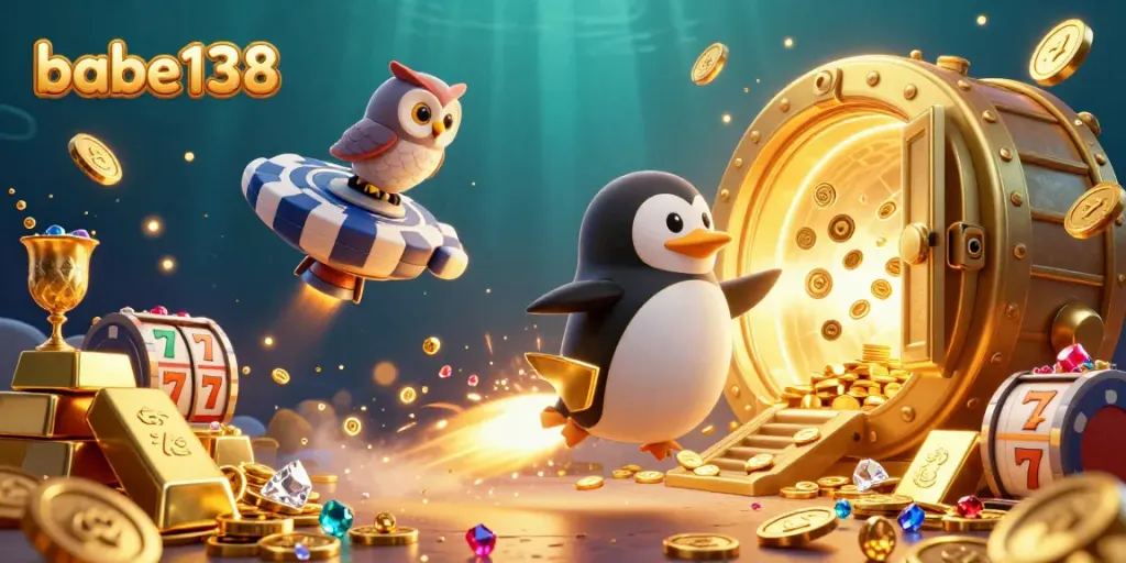 Gambarkan momen menarik di babe138 dengan penguin emas menerobos luar angkasa menuju kasino.