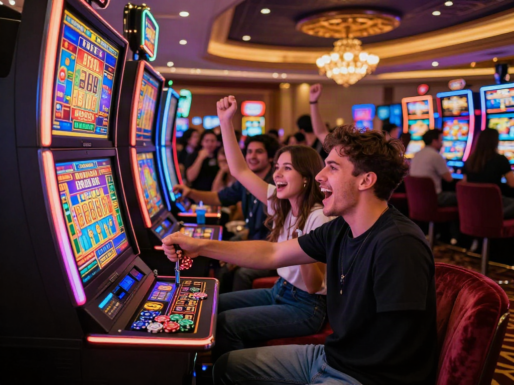 Group celebrating at the bro138 slot machine, vibrant casino gaming atmosphere.