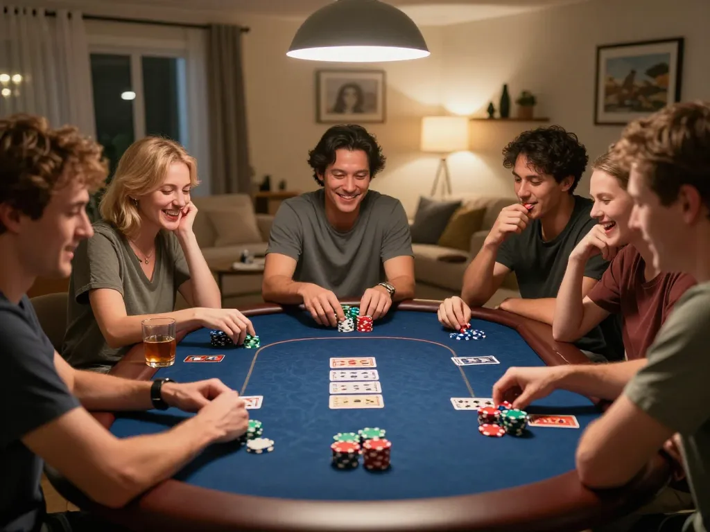 Players enjoying a lively poker game at home with ligalgo themed poker chips in play.