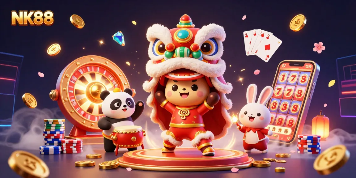 Experience excitement with NK88 as animated characters celebrate fortune in a vibrant casino scene.