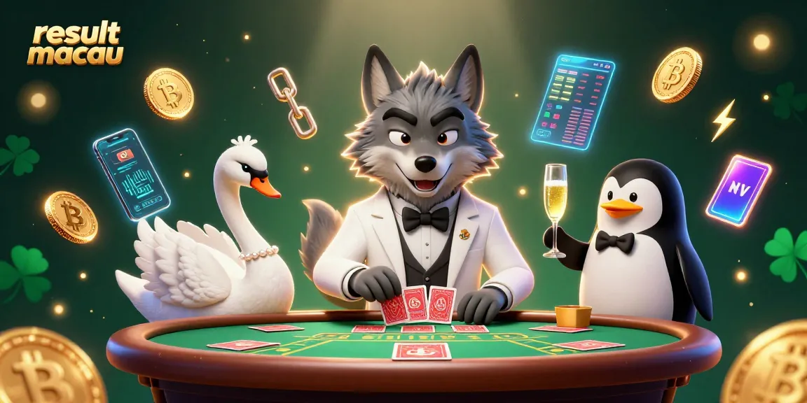 Hasil macau menunjukkan kartu di meja baccarat bersama serigala bergaya, angsa elegan, dan penguin sommelier.