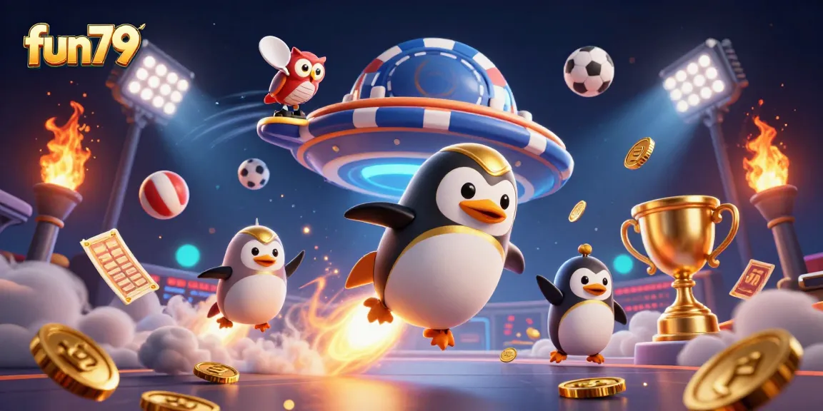 Experience fun79’s thrilling adventure with a golden penguin soaring towards a casino space station.