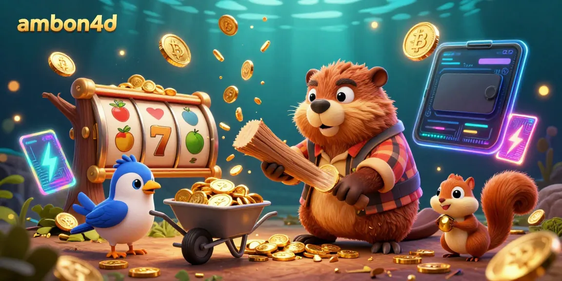 Experience the thrill of ambon4d with a cartoon scene featuring beavers collecting golden coins amidst vibrant slot game elements.