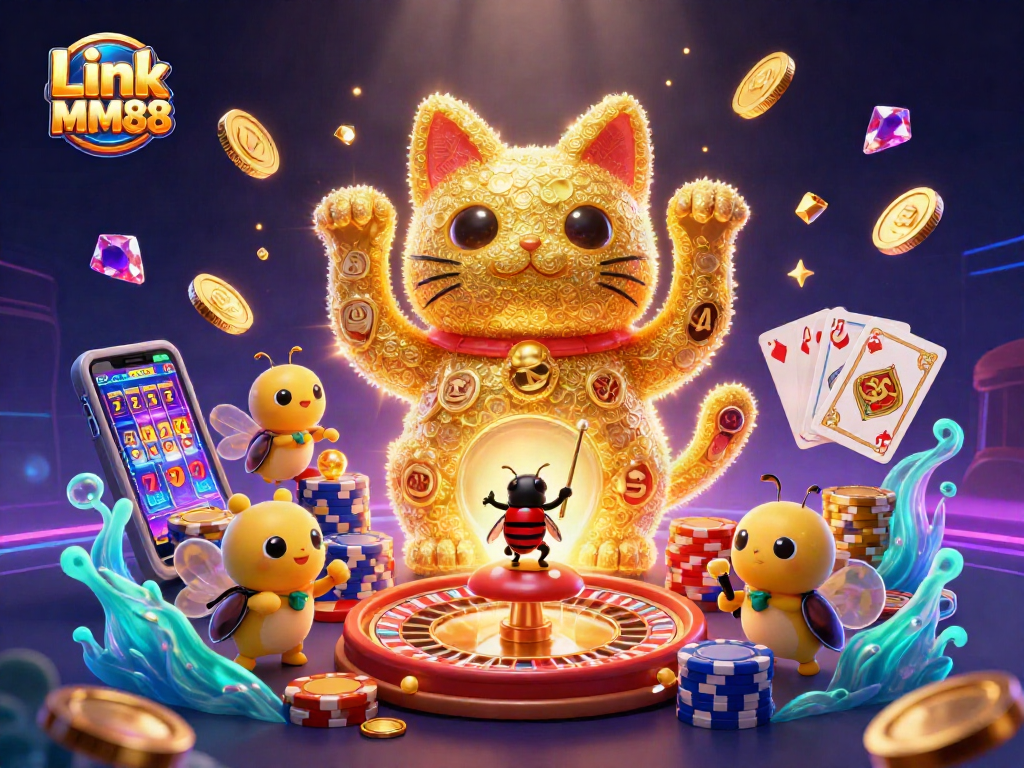 Engage with Link MM88 through vibrant casino fun featuring a golden lucky cat and dynamic game elements.