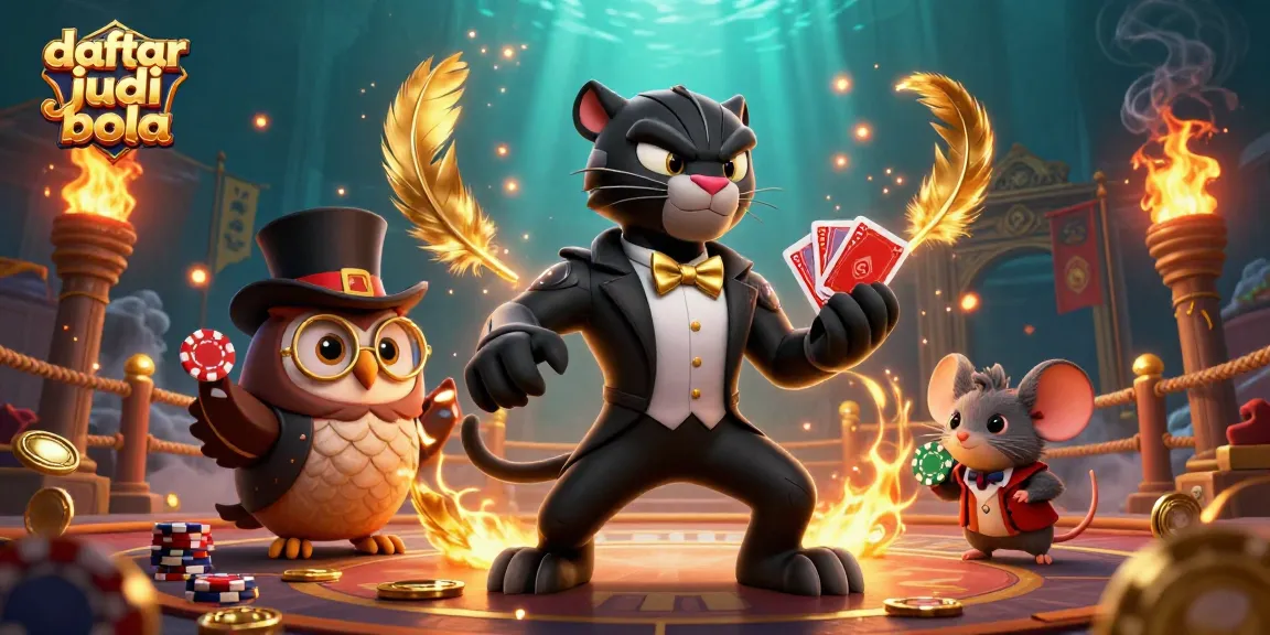 Experience daftar judi bola with a stylish black panther dealer, owl with poker chips, and lucky mouse in a vibrant casino scene.