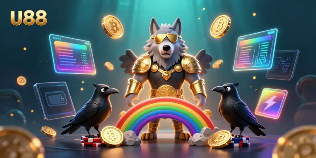 Experience thrilling gameplay at u88 with a captivating illustration showcasing an Odin wolf and glowing casino elements.