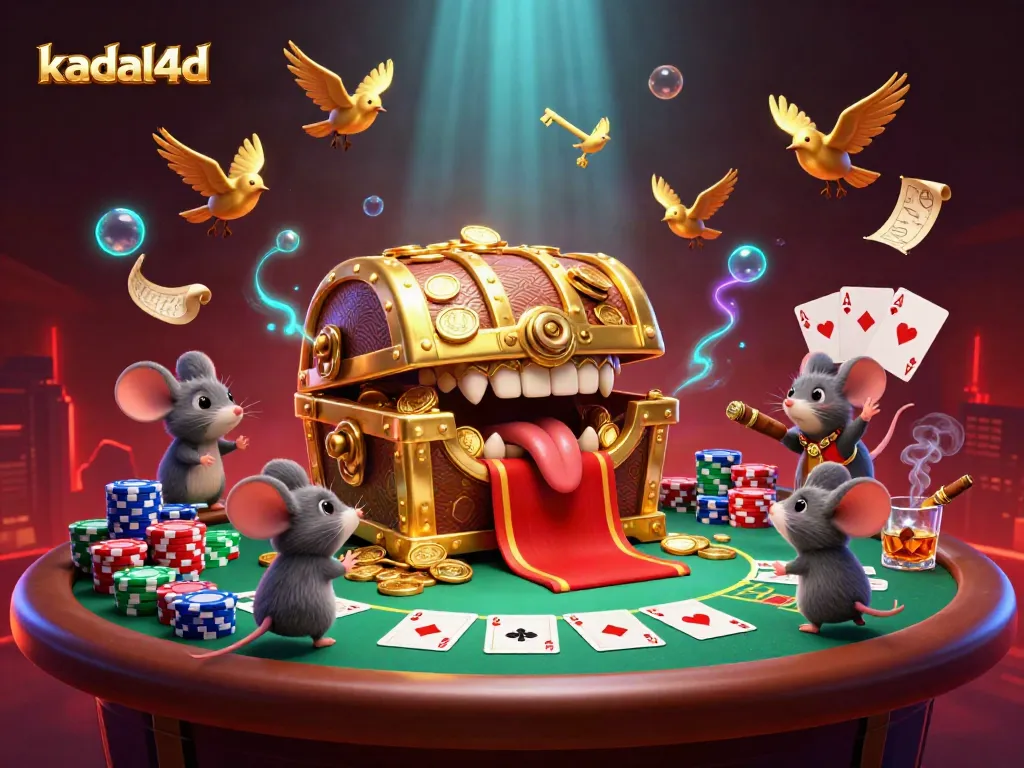 Engage in the thrill of gambling with kadal4d's dynamic 3D casino illustration showcasing adventurous characters and vibrant poker elements.