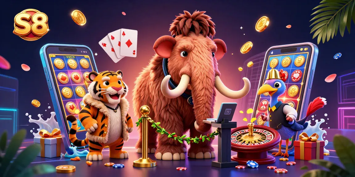 S8 brings vibrant casino experiences with a woolly mammoth bouncer, VIP saber-tooth tiger, and dodo doorman in a lively scene.