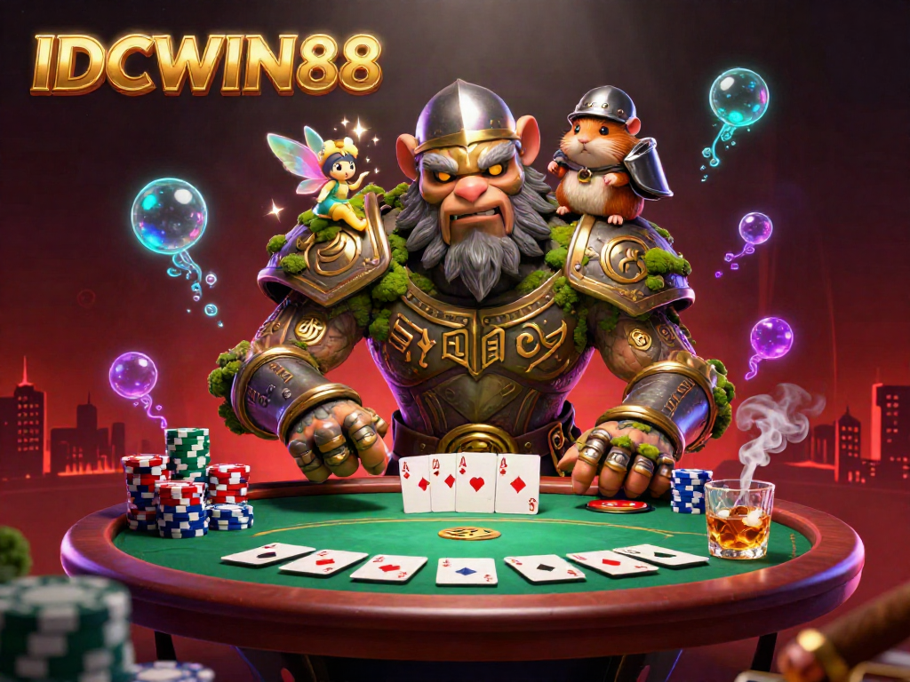 Engage with IDCWIN88 by exploring a vibrant scene of a golem, fairy, and hamster knight in an action-packed casino setting.