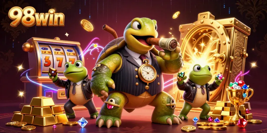 Engage in thrilling gameplay at 98win with a vibrant casino-themed illustration showcasing captivating characters.