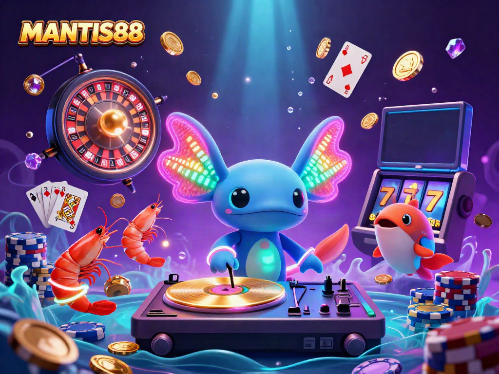 Experience the vibrant energy of MANTIS88 with a neon axolotl DJ and lively underwater party scene.