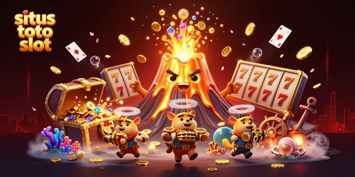 Permainan situs toto slot diilustrasikan dengan gunung berapi emas yang meletus dengan koin dan harta karun.
