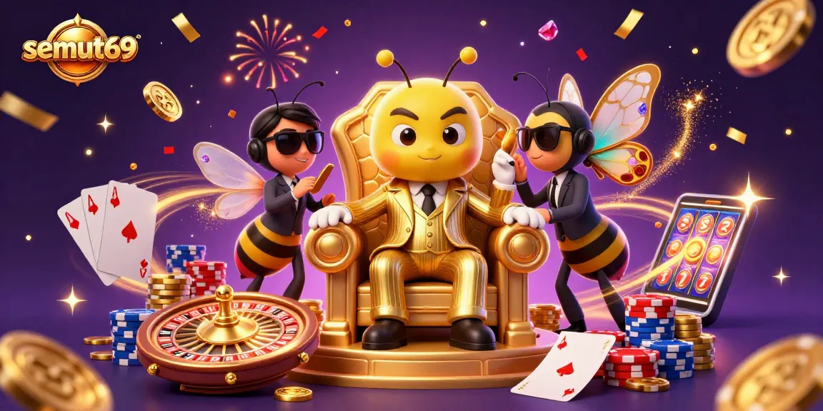 Bet on semut69 with dazzling slots, roulette, and rich casino elements in this vibrant scene.