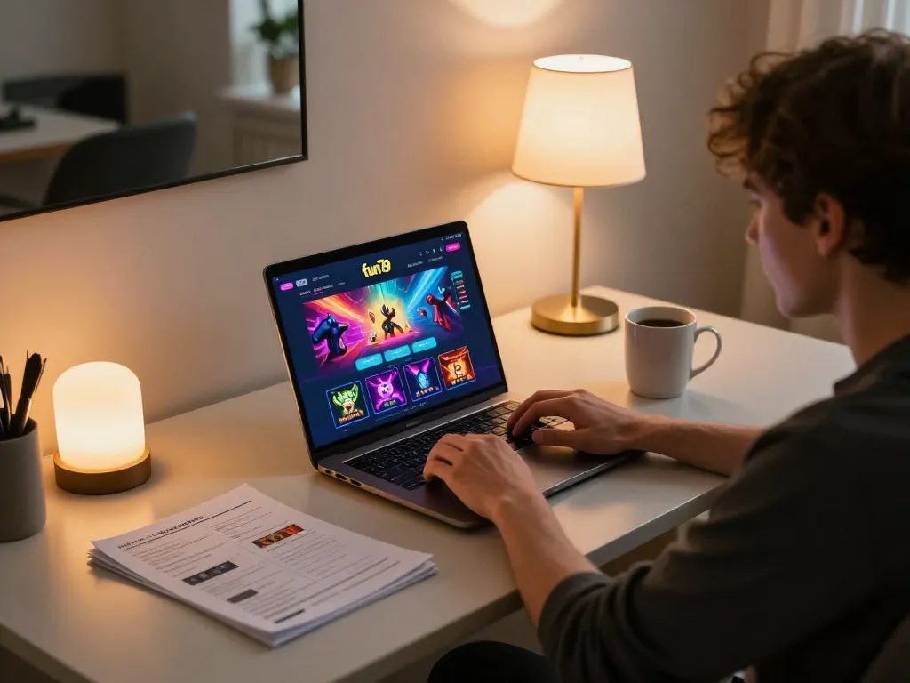 Engaging with fun79 online casino on a laptop at home, showcasing strategic gameplay.