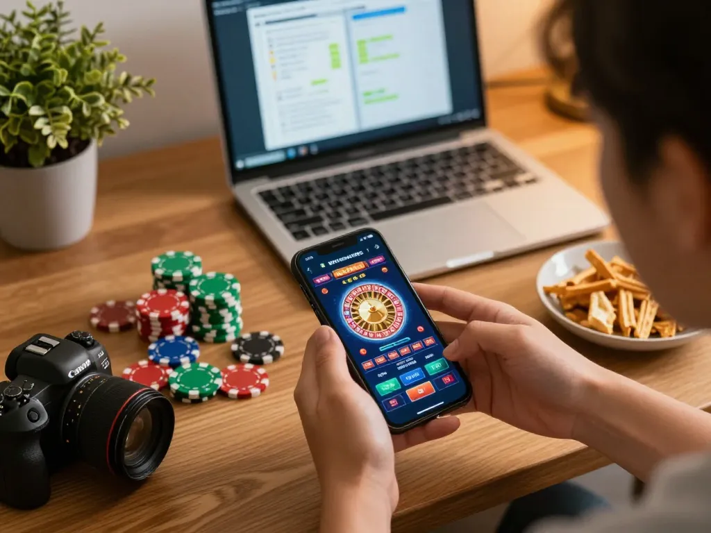 Engaging mobile gaming scene showcasing organicsuperfoodshub with vibrant casino app, cozy home setup, and snacks