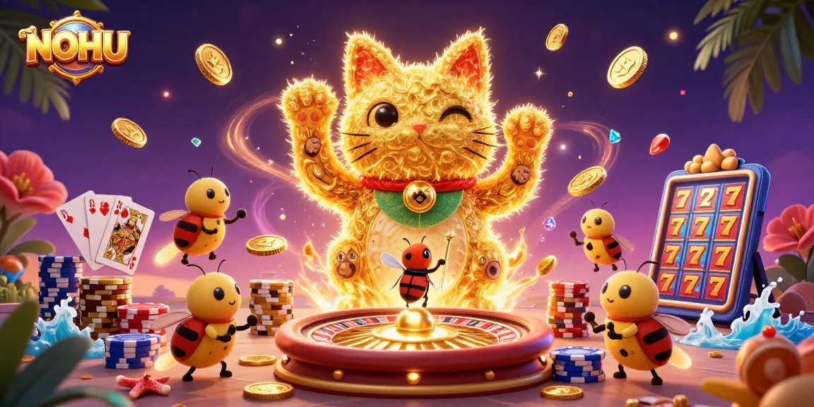 Engage with NOHU, where golden fireflies create luck in an energetic casino scene.