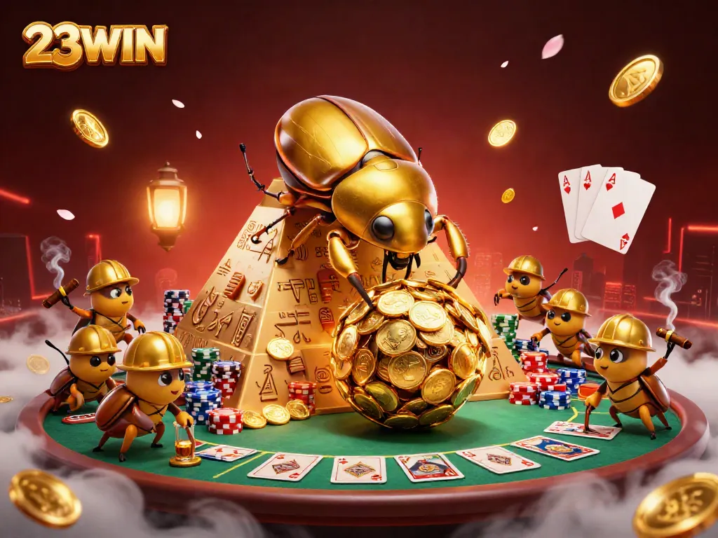 Engage in thrilling gameplay with the 23WIN massive golden dung beetle rolling a wealth of winning coins.