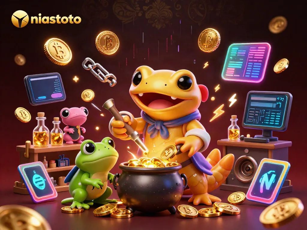 Gambarkan niastoto dengan alkemis salamander emas dan koin Bitcoin dan Ethereum