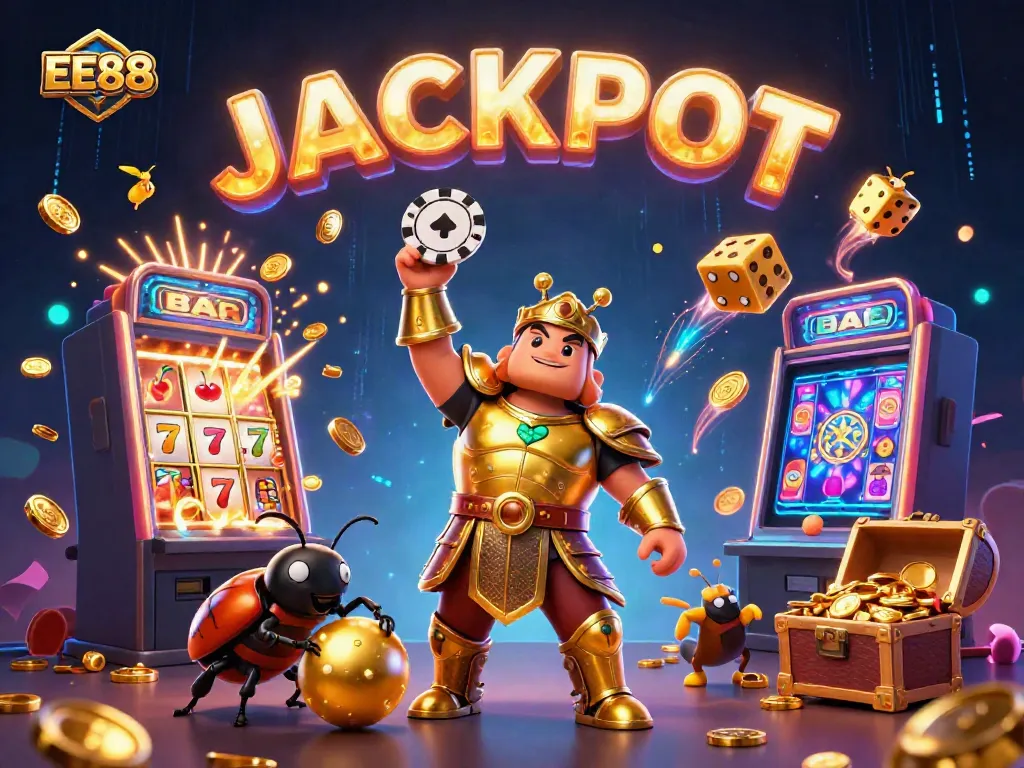 Experience the thrilling energy of EE88's gaming universe with vibrant characters celebrating a jackpot.