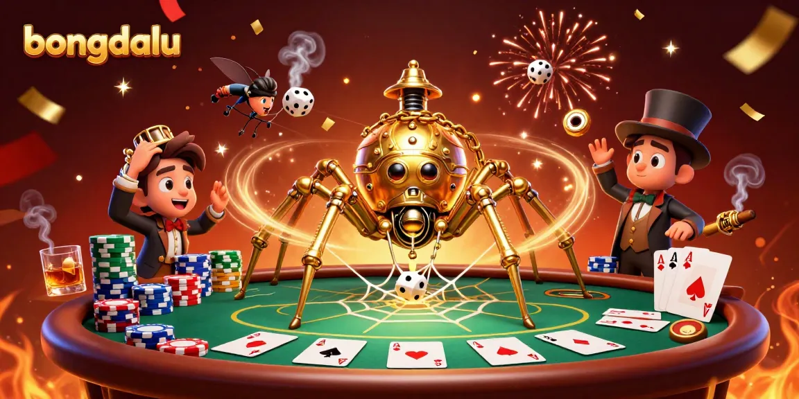Experience thrilling betting at bongdalu with a dynamic scene of a whimsical steampunk spider and poker elements.