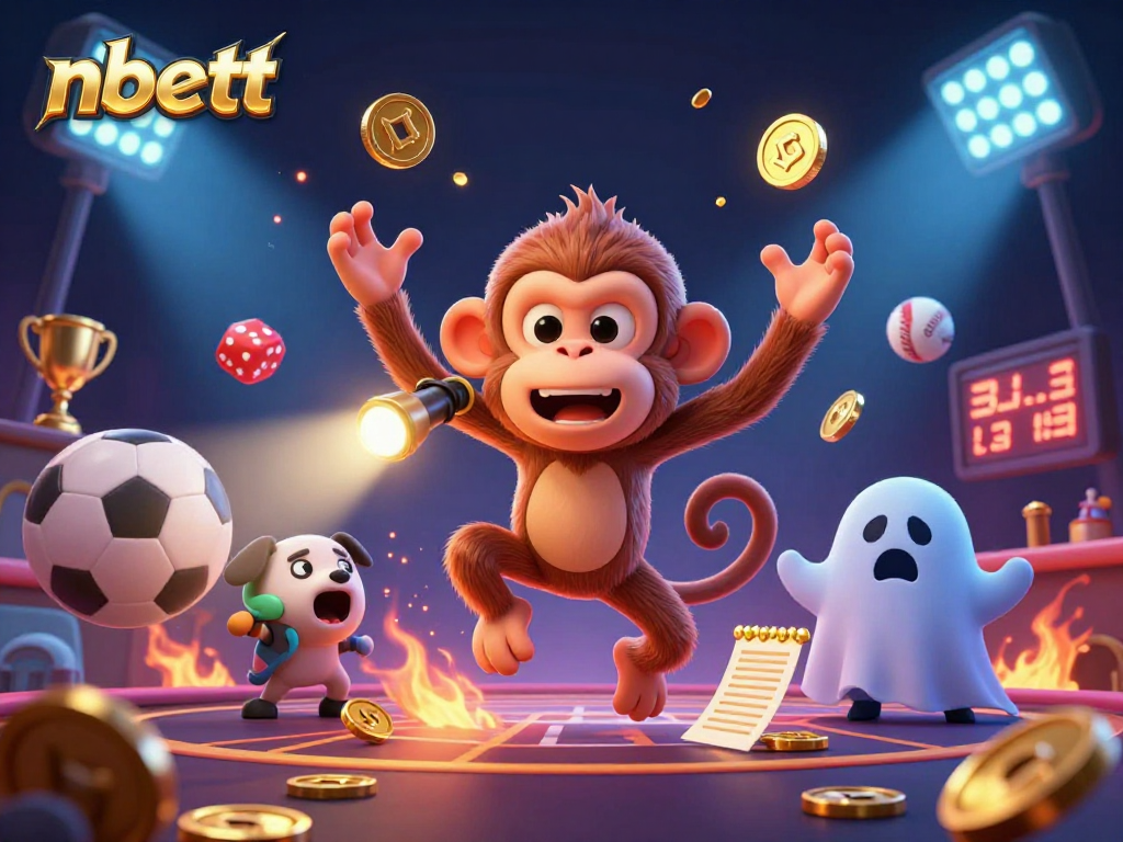 Engage in thrilling gaming with nbett as a mischievous poltergeist monkey juggles golden items in a haunted casino.