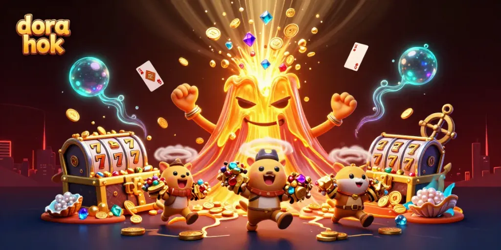 Menangkan permainan dora hok dengan emosi petualangan dalam ilustrasi kasino 3D yang menarik.