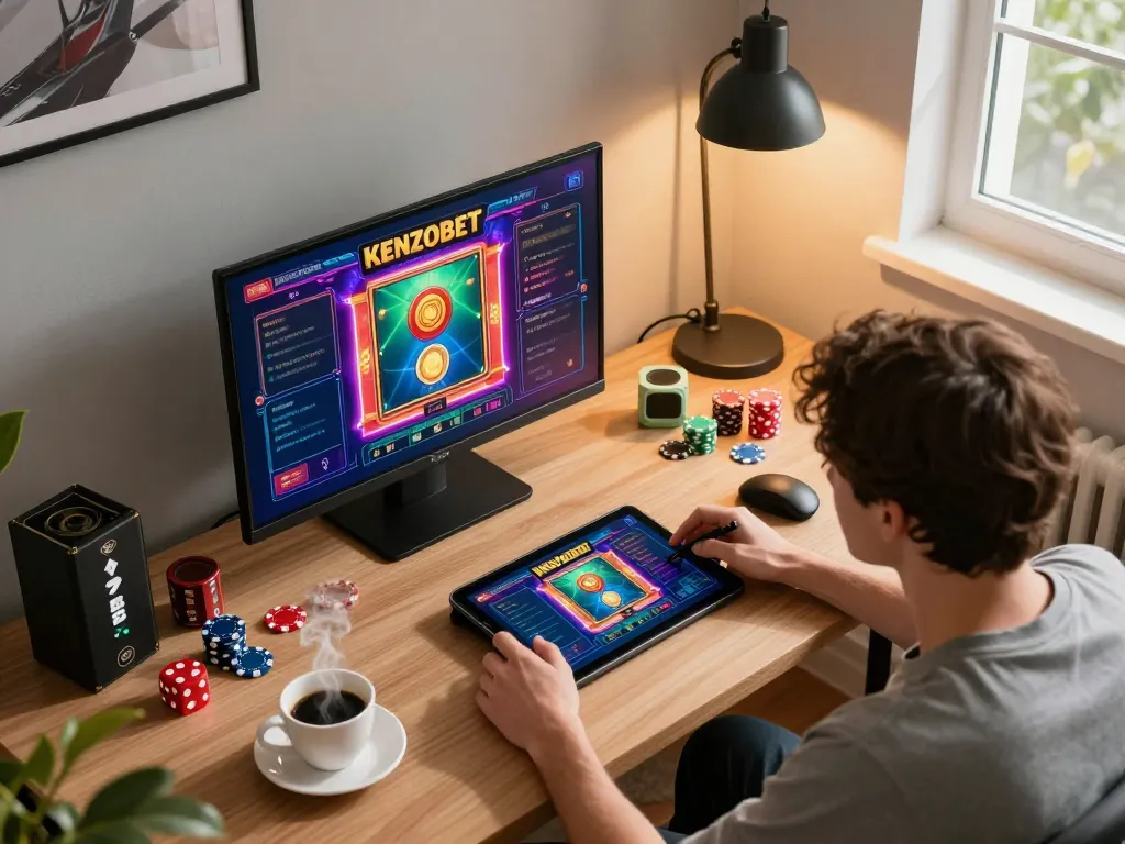 Engaging in a kenzobet slot game at home, showcasing a player's strategic approach to online gambling.