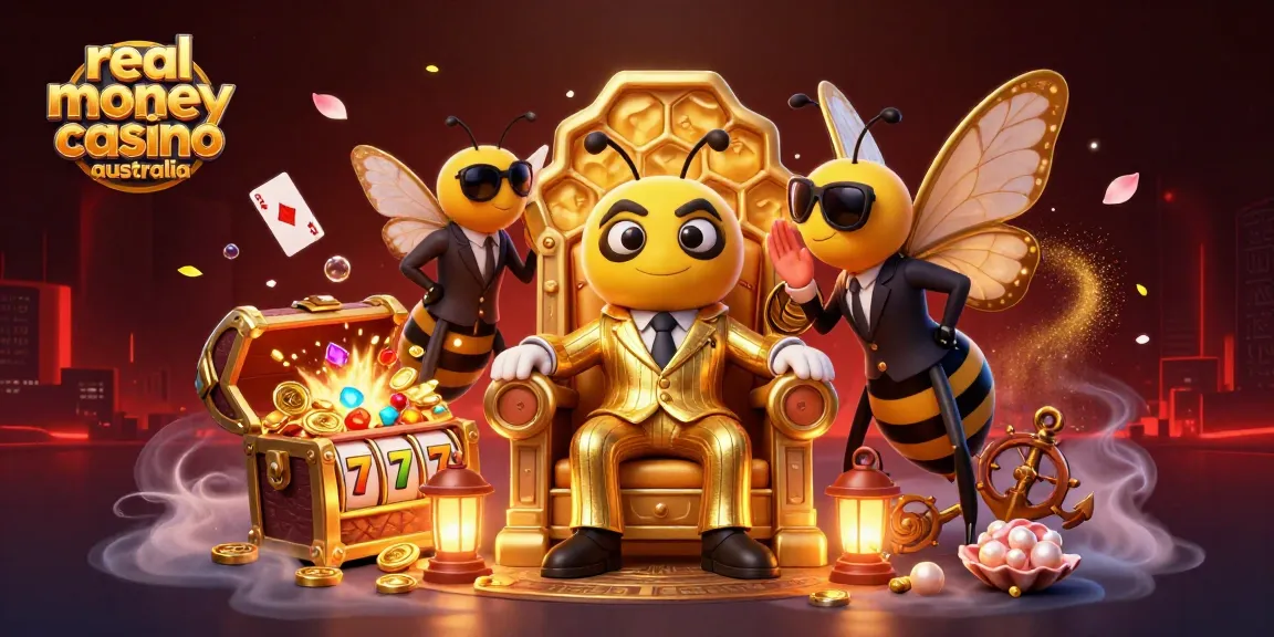 Experience the excitement of real money casino Australia with a vibrant scene featuring a bee mob boss and treasure.