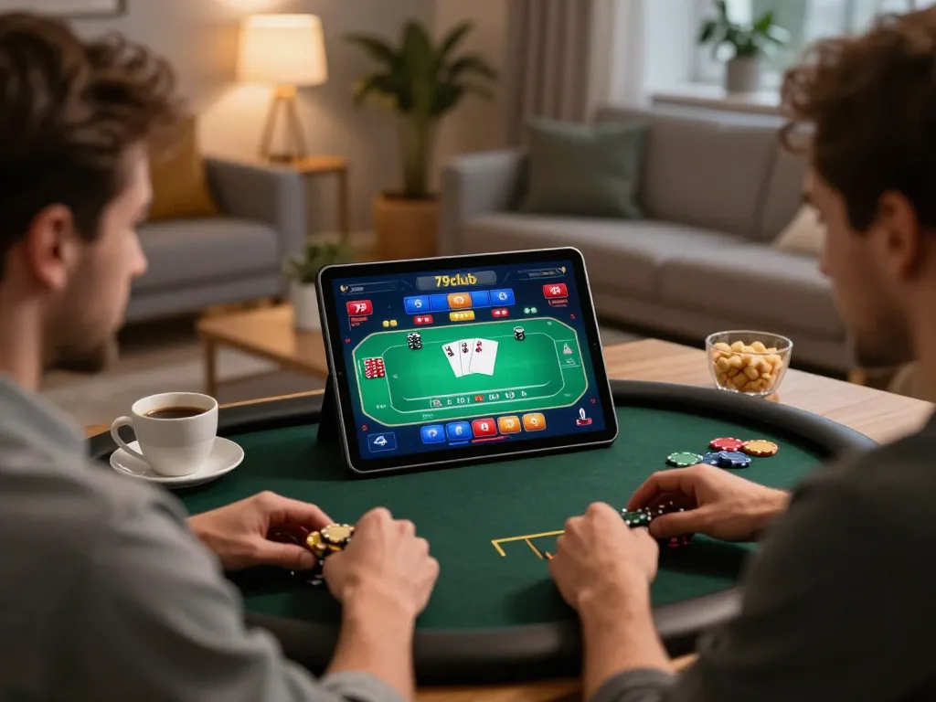 Engaged players enjoying online poker game on 79club platform in a cozy home setting.