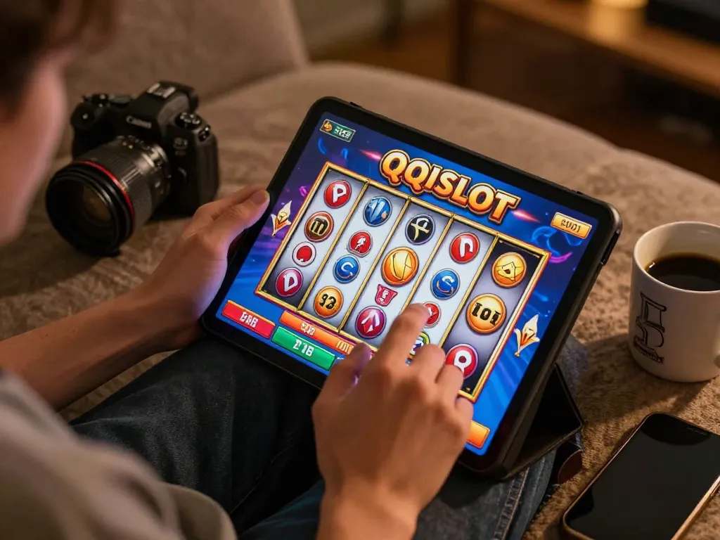 Engaging with QQSLOT slot game interface on a tablet, showcasing vibrant spinning reels and enthusiastic gameplay.