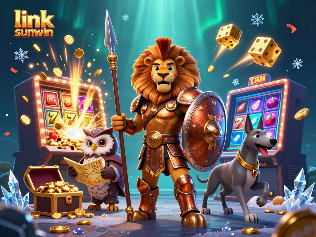 Join the fun with link sunwin, featuring a Spartan lion, tactical owl, and greyhound amidst casino games and riches.
