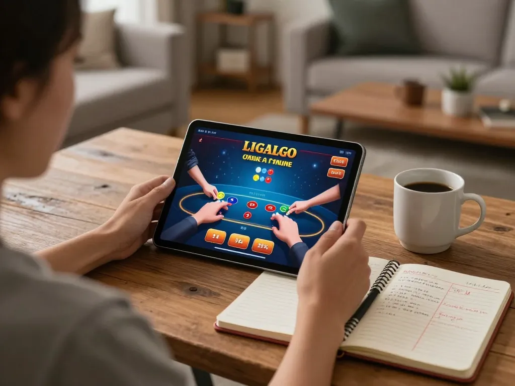 Player engaging with LIGALGO online casino on tablet, showcasing poker interface and relaxed gaming atmosphere.