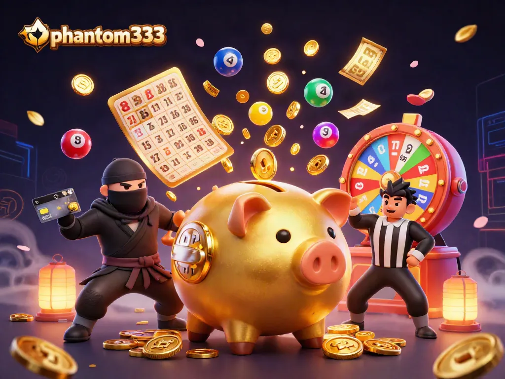 Engage with phantom333's thrilling gameplay featuring a golden piggy bank sumo wrestler and vibrant casino elements.
