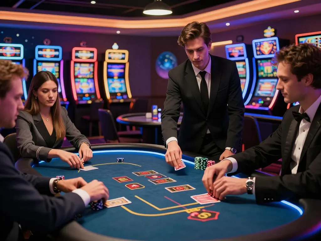 Pemain terlibat dalam poker taruhan tinggi di kasino modern yang menampilkan tema 'spaceman' dengan elemen permainan yang cerah.