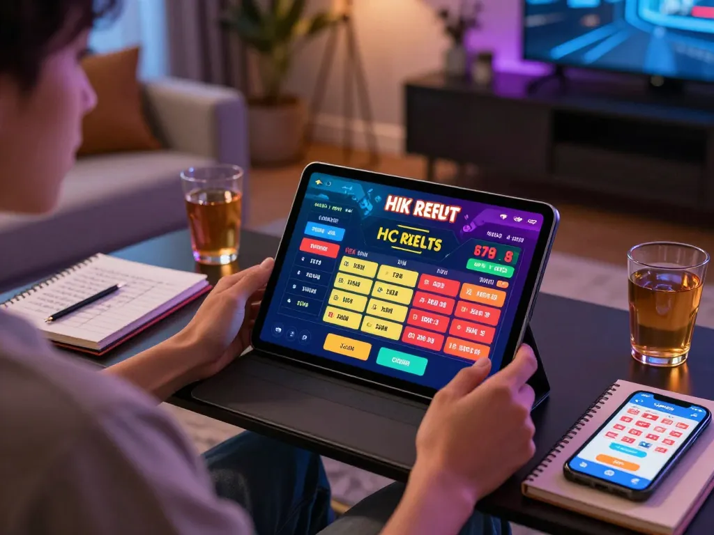 Engaging online togel game showcasing live data hk results on tablet in cozy living room.