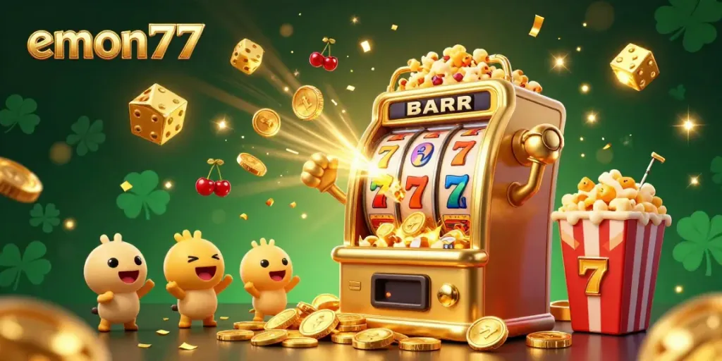 Experience the excitement of emon77 with a jubilant golden slot machine celebrating a jackpot amidst a dynamic casino scene.