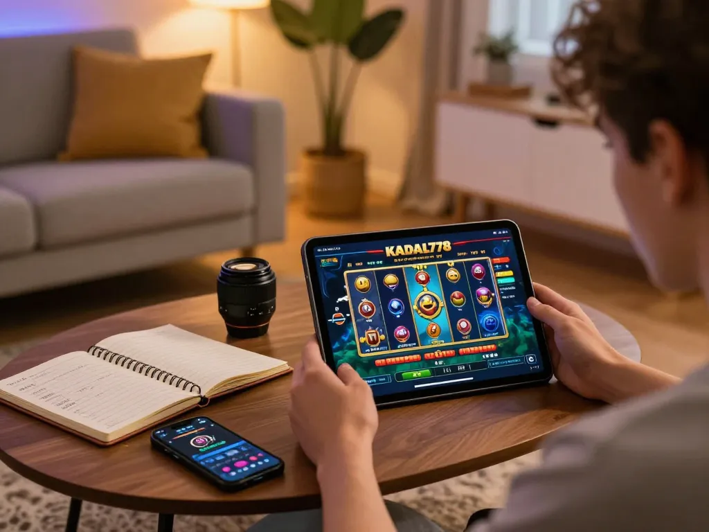 KADAL778 player engaged in an exciting online slot game from a cozy home setup, showcasing strategic betting.
