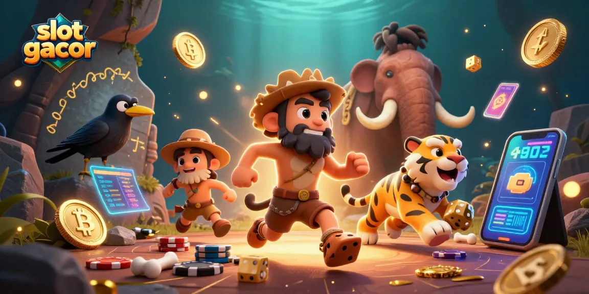 Engage with slot gacor in a dynamic 3D casino scene featuring playful cavemen.