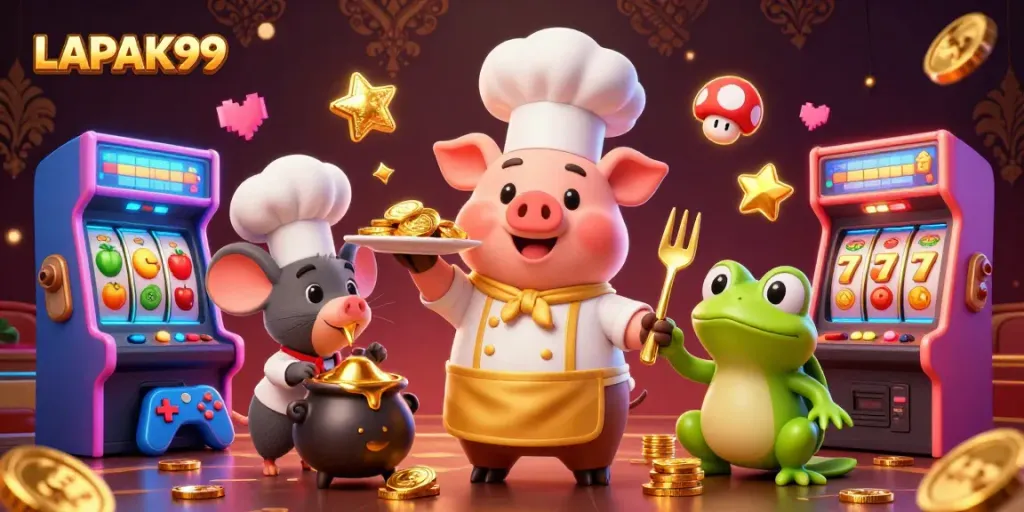 LAPAK99 offers a vibrant casino experience with gold coins, chefs, and retro game elements.