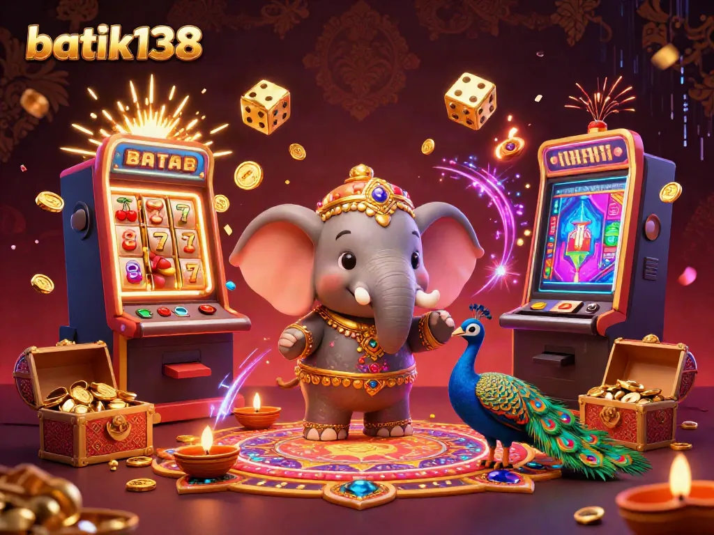 Permainan slot jackpot batik138 dengan gajah berhiaskan ornamen emas dan burung merak, suasana ceria dan berwarna.