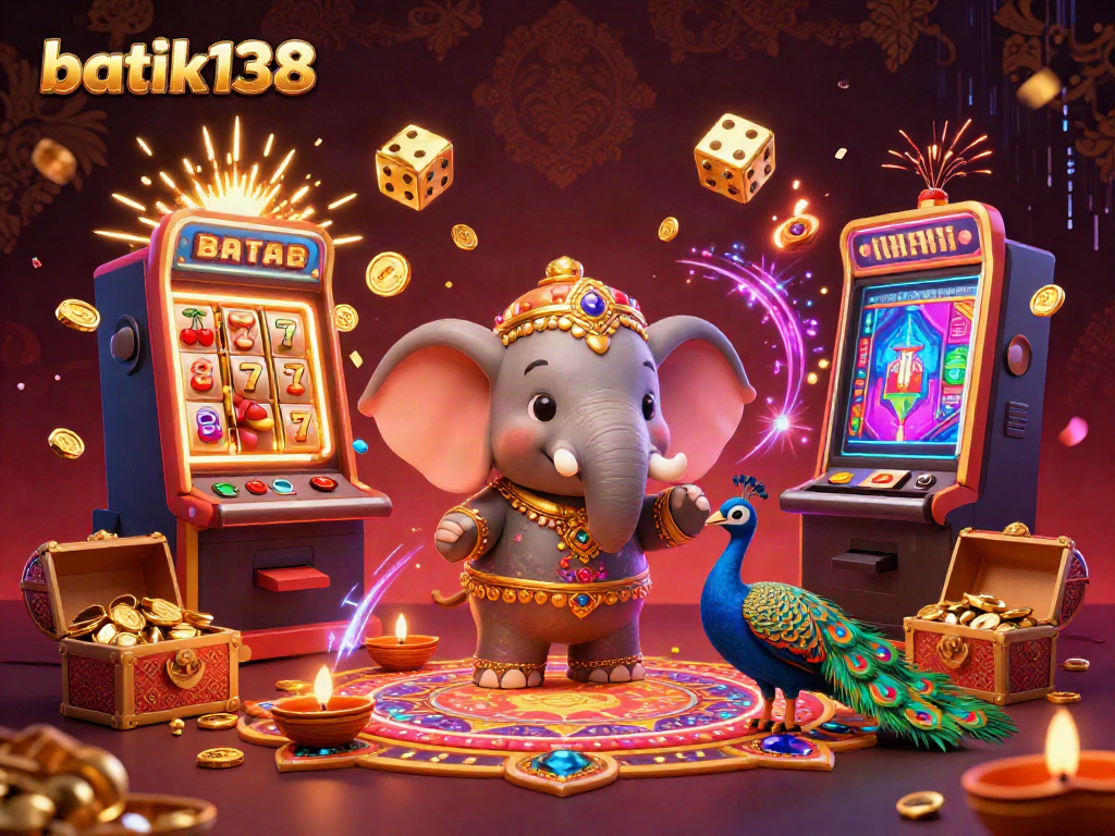 Permainan slot jackpot batik138 dengan gajah berhiaskan ornamen emas dan burung merak, suasana ceria dan berwarna.